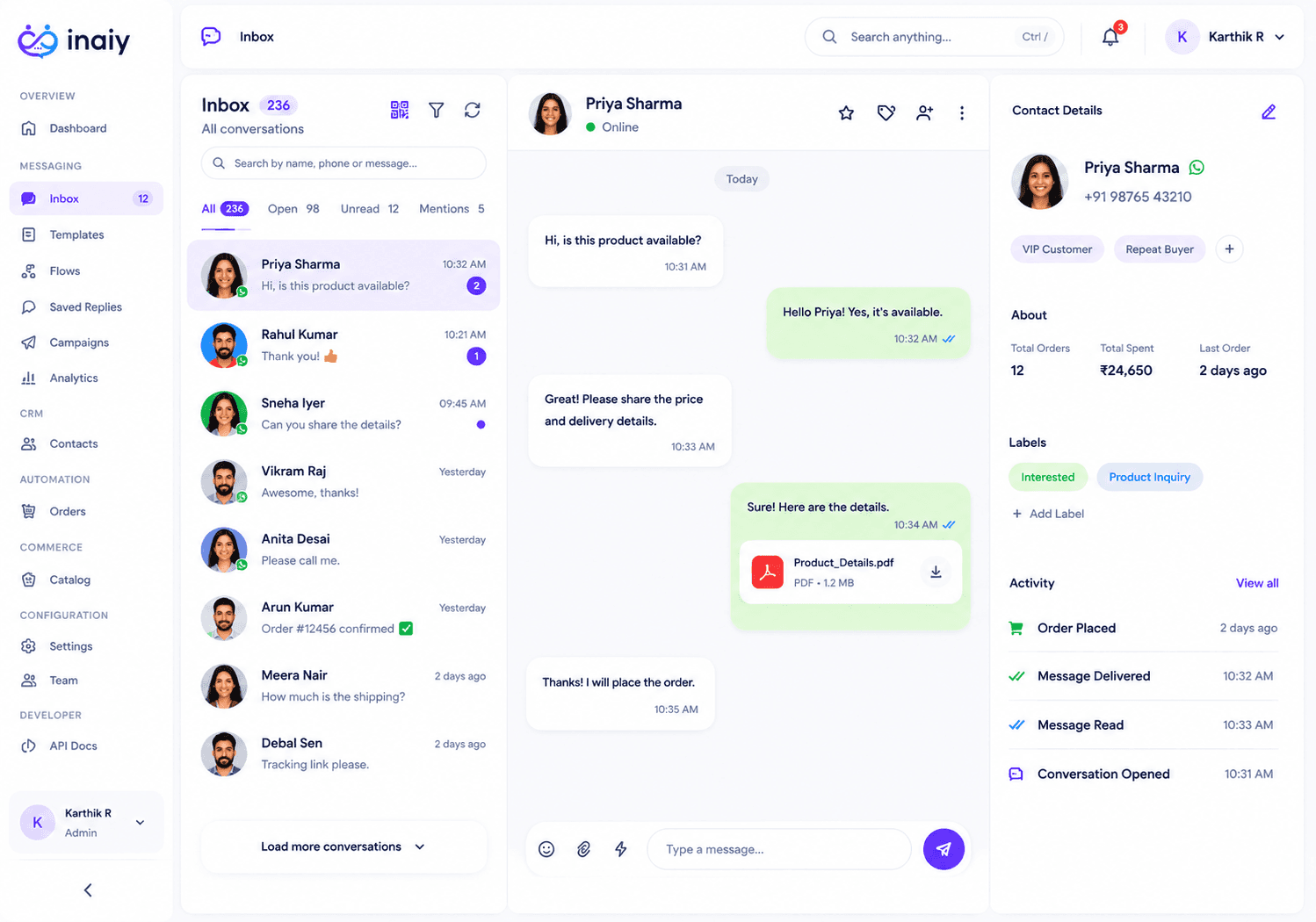 inaiy unified inbox with conversation list, WhatsApp chat, and customer details